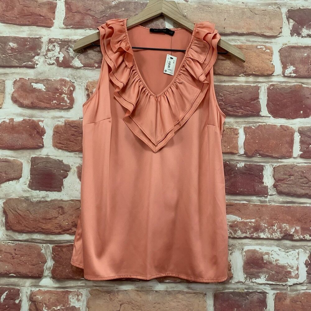 The Limited Top Women's Small Peach Orange Satin Tiered Ruffle Neck Blouse